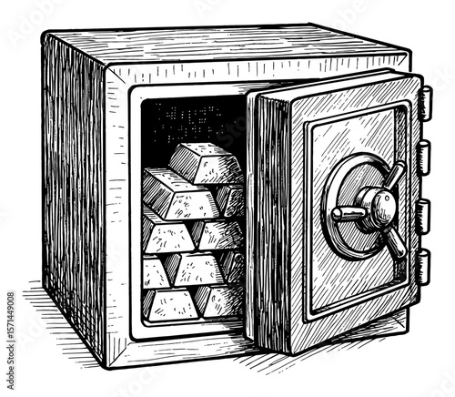 Opened Safe Box Full of Gold Bars Stacked Inside Detailed Engraved Vintage Black and White Outline Line Art Drawing