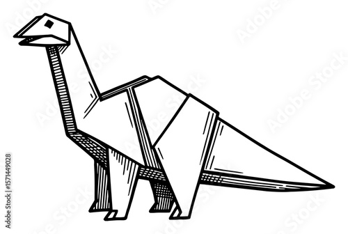 Simple Paper Origami Dinosaur with Long Neck Geometric Folded Design Black and White Outline Line Art Drawing
