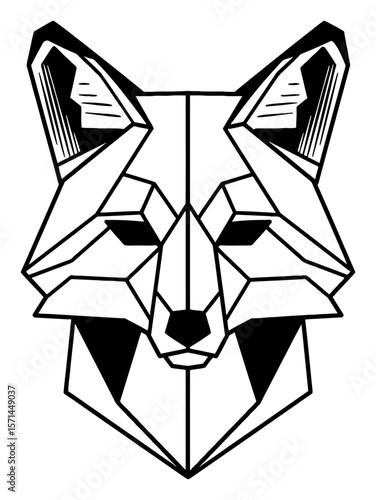 Simple Geometric Fox Head Paper Origami Style Black and White Outline Line Art Drawing Modern Minimalist Design