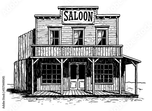 Vintage Cowboy Saloon Building Front View Classic Western Architecture Black and White Outline Line Art Drawing