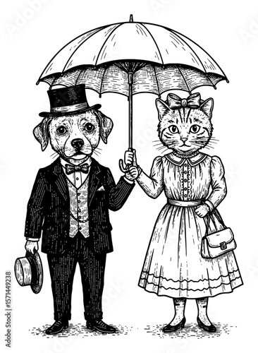 Cute Dog Male in Vintage Suit and Cat Female in Vintage Dress Under Umbrella Black and White Outline Line Art Drawing