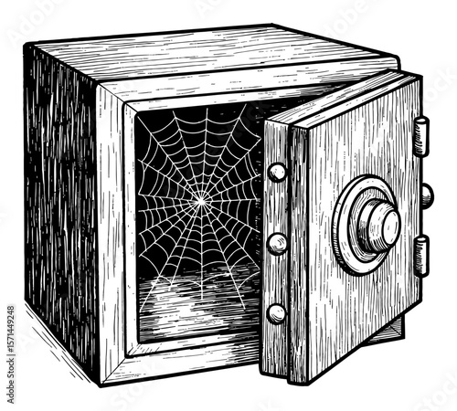 Empty Opened Safe Box with Spiders Web Inside Black and White Outline Line Art Drawing Old Vintage