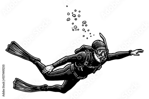 Grandpa Freediving Scuba Diver Swimming with Mask Fins and Bubbles Black and White Outline Line Art Drawing