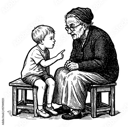 Grandma Scolding Her Grandchild Discussion with Pointing Finger Black and White Outline Line Art Drawing