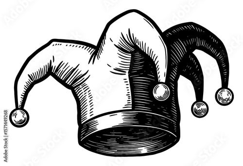 Classic Jester Hat Only in Black and White Outline Line Art Drawing Vintage Style Isolated Object