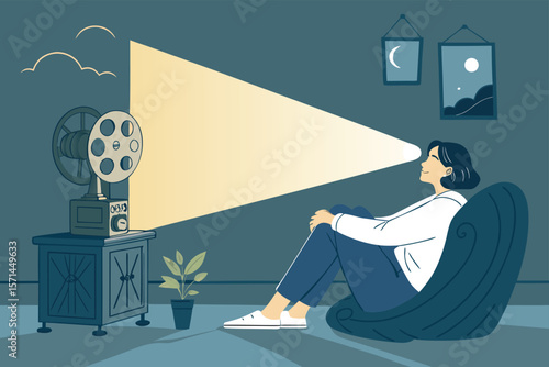 Vector art of a person silhouetted, watching a movie projected onto a screen at night.