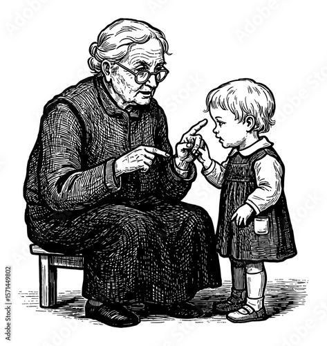 Old Grandma Scolding Her Little Grandchild with Finger Pointing Strict Expression Black and White Outline Line Art Drawing