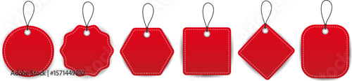 Realistic red price tag collection. Special offer or discount label. Blank sale promotion badge. Vector illustration.