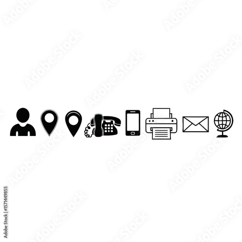 Contact information icons arranged in a row isolated on white background