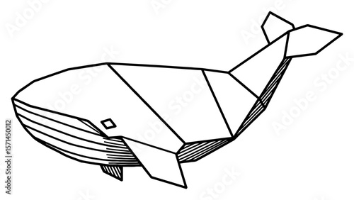Abstract Geometric Paper Origami Whale Black and White Outline Line Art Drawing Modern Minimalist Style