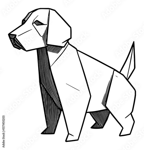 Origami Style Dog Paper Black and White Outline Line Art Drawing of a Geometric Canine Pet Animal