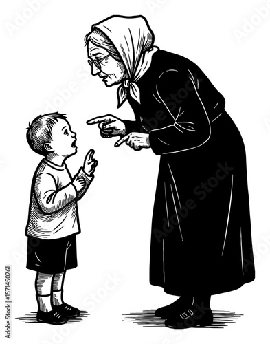 Grandma Scolding Her Grandchild Black and White Outline Line Art Drawing of Elderly Woman Pointing Finger at Young Boy