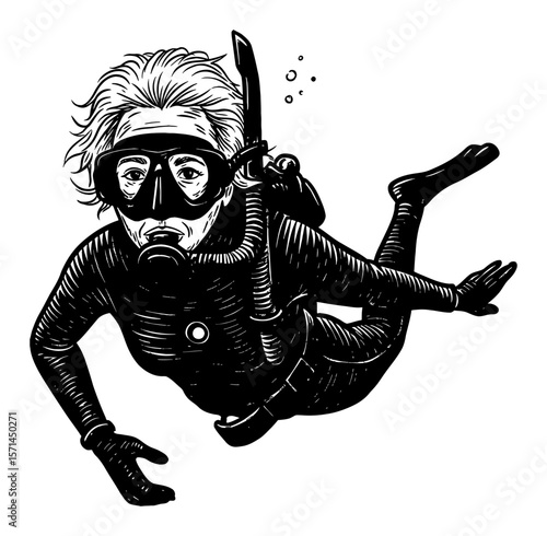 Grandma Freediving Scuba Diver Woman Close Up Underwater Black and White Outline Line Art Drawing