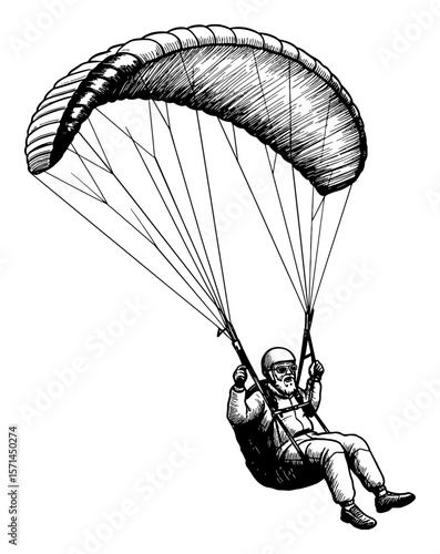 Grandpa Paragliding in the Sky Adventure Black and White Outline Line Art Drawing Vector Isolated Object