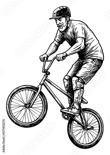 Grandpa Doing Trick with BMX Bicycle Dynamic Ride Black and White Outline Line Art Drawing Illustration