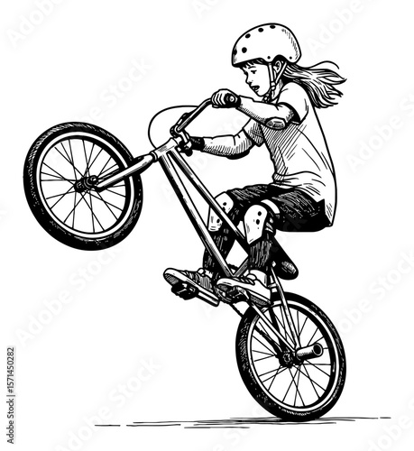 Little Girl Doing Wheelie Trick on BMX Bicycle Black and White Outline Line Art Drawing