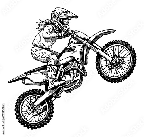 Little Girl Doing Trick with Motocross Bike Off Road Jumping Black and White Outline Line Art Drawing