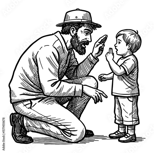 Dad Scolding Child Black and White Outline Line Art Drawing Depicting a Disciplinary Family Moment