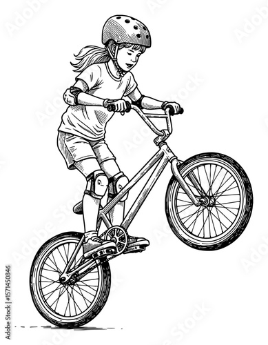 Little Girl Doing Bicycle Trick Wheelie on BMX Bike Sport Action Black and White Outline Line Art Drawing
