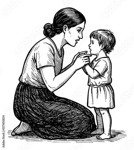Mother Scolding Her Child Black and White Outline Line Art Drawing Illustrates Discipline and Communication