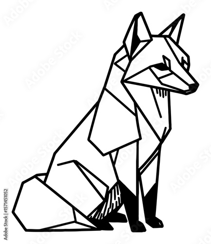 Simple Fox Origami Geometric Low Poly Sitting Animal Black and White Outline Line Art Drawing Illustration
