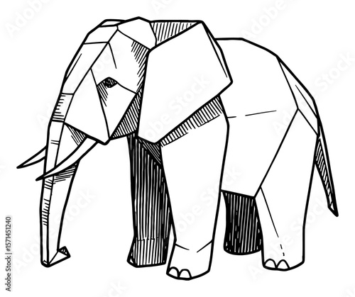 Majestic Elephant Standing Origami Paper Art Style Black and White Outline Line Art Drawing Isolated Object