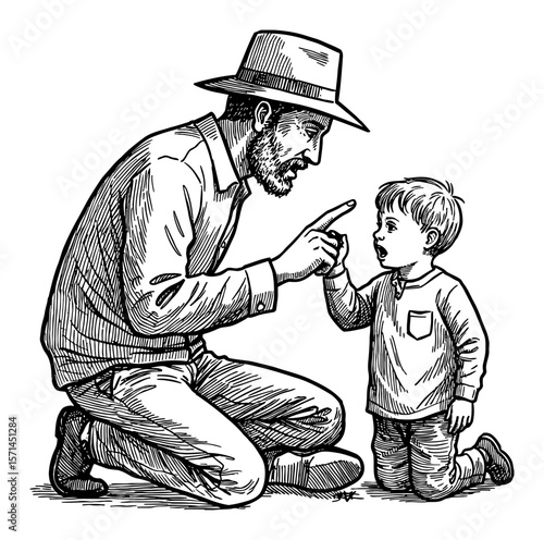 Father Scolding His Child with Finger Pointing while Kneeling Black and White Outline Line Art Drawing