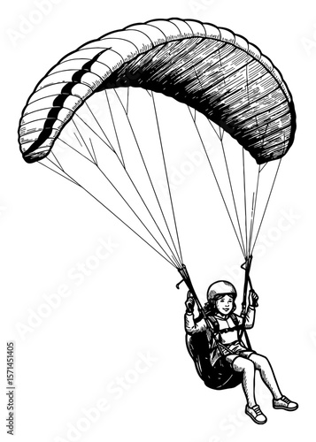 Young Little Girl Enjoying Paragliding Adventure Sport Activity Black and White Outline Line Art Drawing