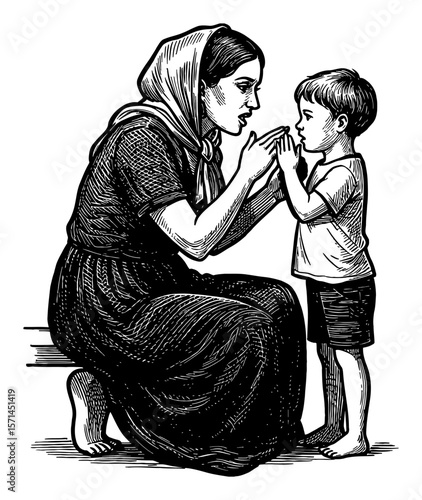 Mother Scolding Her Child About Behavior in a Black and White Outline Line Art Drawing from Side