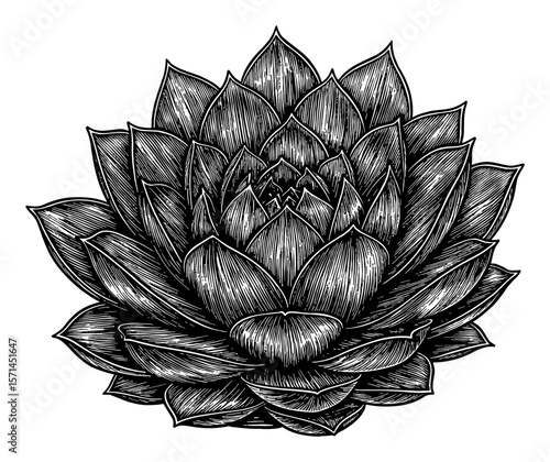 Sempervivum Tectorum Common Houseleek Botanical Plant Black and White Outline Line Art Drawing