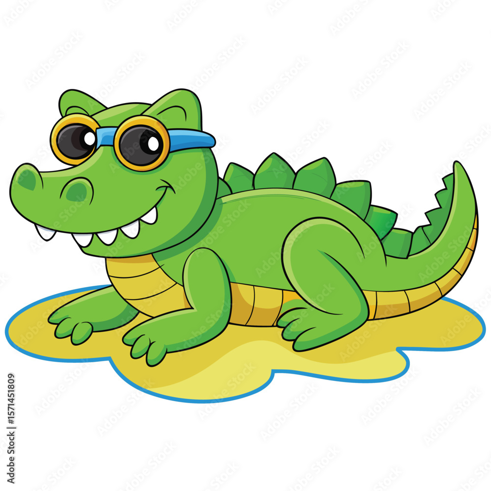 Fototapeta premium Smiling crocodile wearing sunglasses relaxing near water