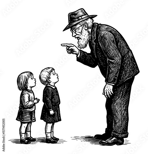 Angry Grandfather Scolding His Two Grandchildren with Pointing Finger Black and White Outline Line Art Drawing