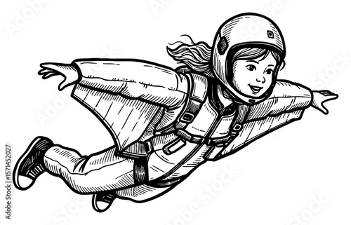 Happy Little Girl in Wingsuit Flying with Helmet and Backpack in Black and White Outline Line Art Drawing