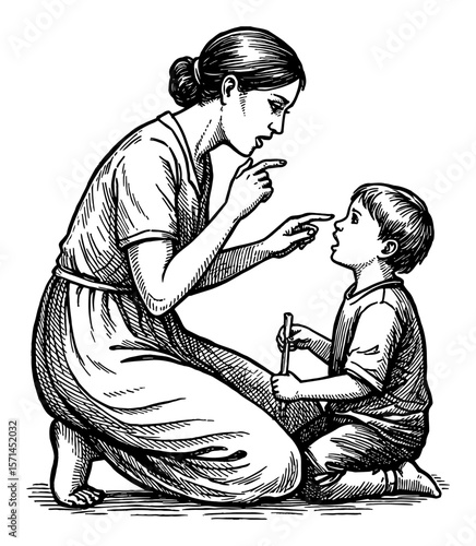 Mother Scolding Her Child Kneeling Black and White Outline Line Art Drawing Vector Illustration