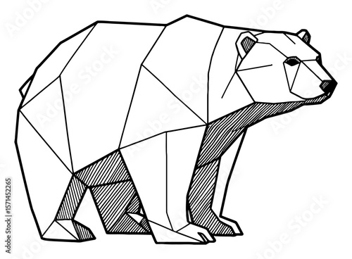 Simple Geometric Paper Origami Polar Bear Standing Side View Black and White Outline Line Art Drawing