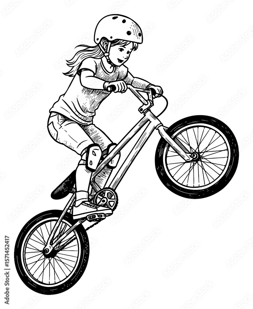 Fototapeta premium Little Girl Doing Bicycle Trick with BMX Bike Wearing Helmet and Pads Black and White Outline Line Art Drawing