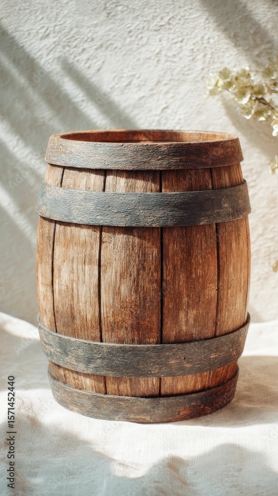 Rustic Wooden Barrel on White Cloth Rustic Wooden Barrel on White Cloth
