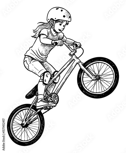 Little Girl Doing Bicycle Trick with BMX Bike Wearing Helmet and Pads Black and White Outline Line Art Drawing