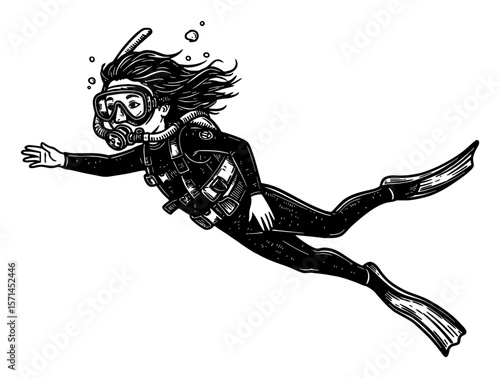 Little Girl Freediving Underwater Wearing Scuba Gear Full Body Black and White Outline Line Art Drawing