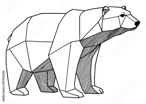 Geometric Origami Style Polar Bear Standing Side View Black and White Outline Line Art Drawing