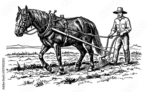 Farmer Plowing Field with Horse using Traditional Method Vintage Black and White Outline Line Art Drawing Rural Agricultural Scene