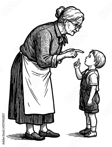 Grandma Scolding Her Grandchild with Finger Pointing in Vintage Black and White Outline Line Art Drawing