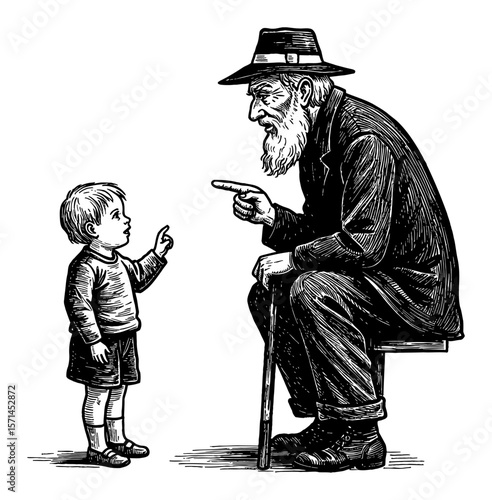 Grandpa Scolding His Grandchild in a Serious Interaction Black and White Outline Line Art Drawing