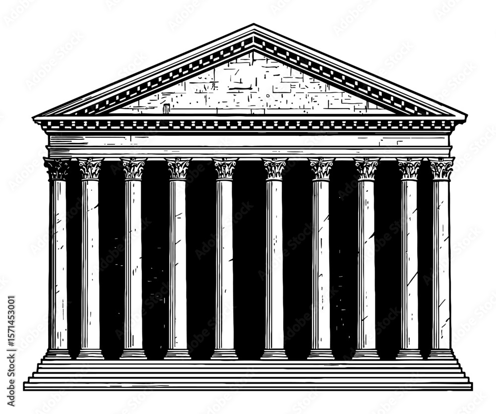 Obraz premium Pantheon Cartoon Style Black and White Outline Line Art Drawing of Ancient Roman Temple Building