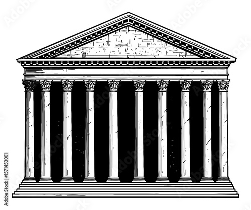 Pantheon Cartoon Style Black and White Outline Line Art Drawing of Ancient Roman Temple Building