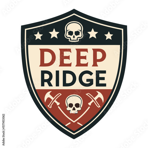 A deeply ridged, ominous shield emblem featuring a crossed pickaxe and a human skull, conveying a strong, symbolic design.