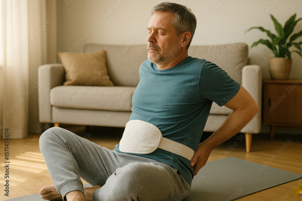 Fototapeta premium Senior man using heating pad for back pain relief at home