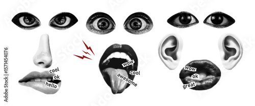 Crazy set of face parts with retro halftone. Ear, nose, eyes. Vector illustration with the effect of grain and dotted lines  isolated on transparent background.
