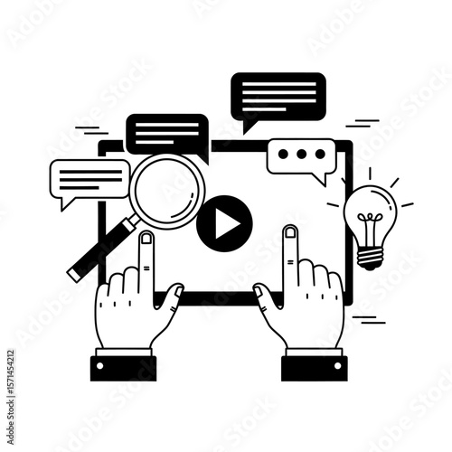 Hands interact with a video on a tablet, isolated on white background