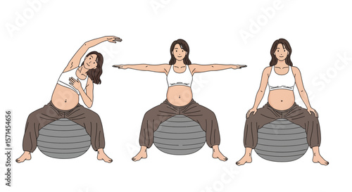 Prenatal yoga poses with exercise ball for pregnancy fitness and wellness